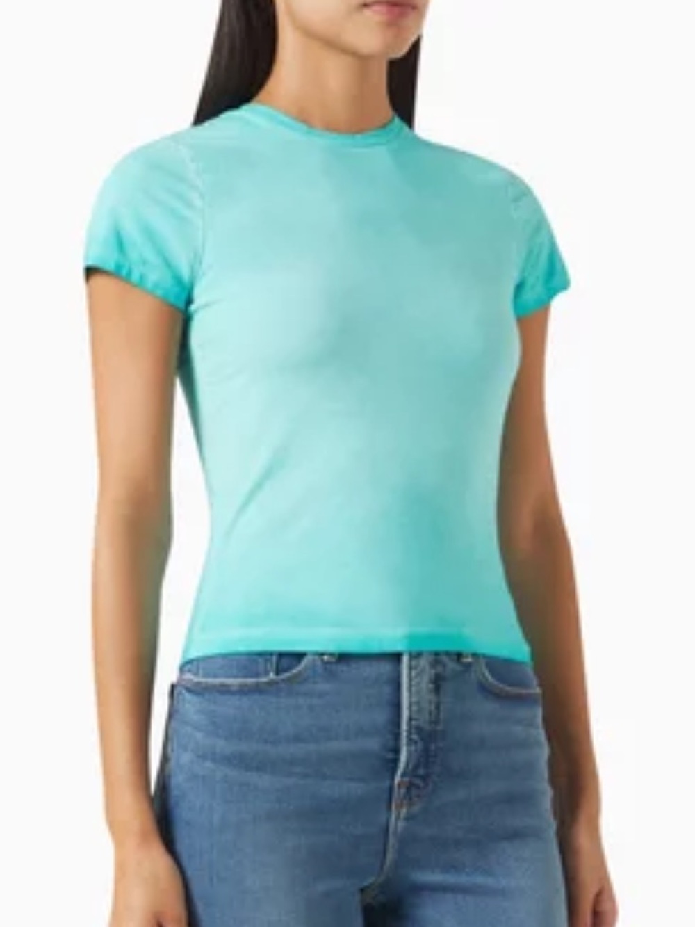 Good American Super Stretch Baby Tee Pool Blue Cotton Stretch T-Shirt Size L
